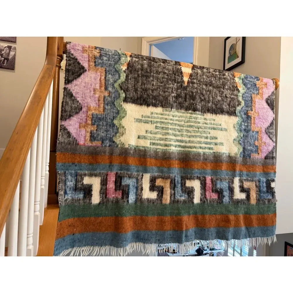 Vintage Southwestern Geometric Wool Blanket Throw Heavyweight Cabin Lodge 64x90